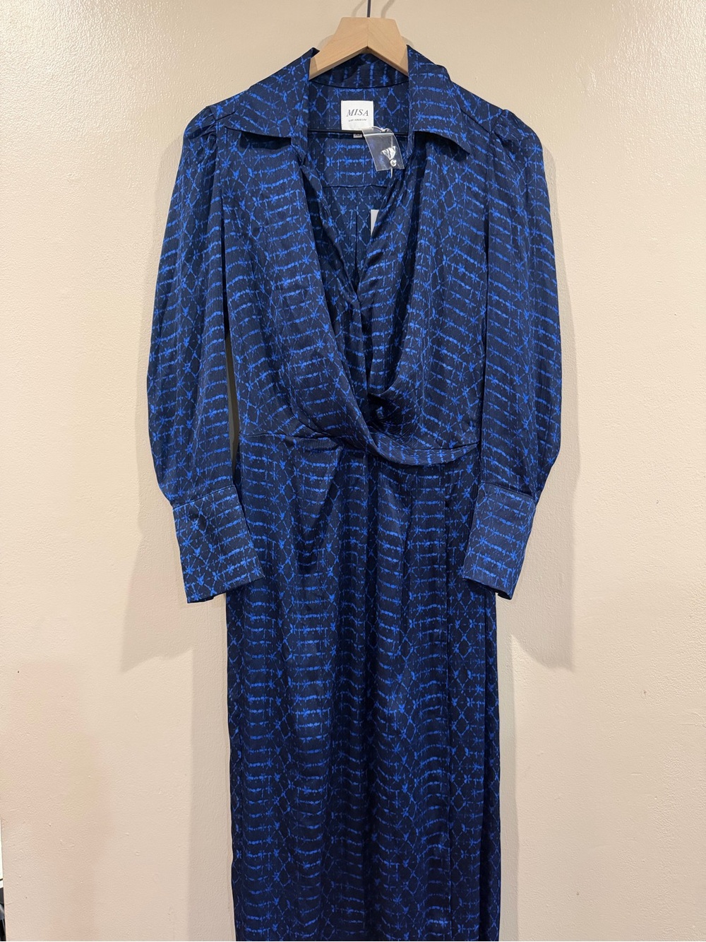 NWT MISA Los Angeles Blue Patterned Long Sleeve Midi Dress size XS fits Small